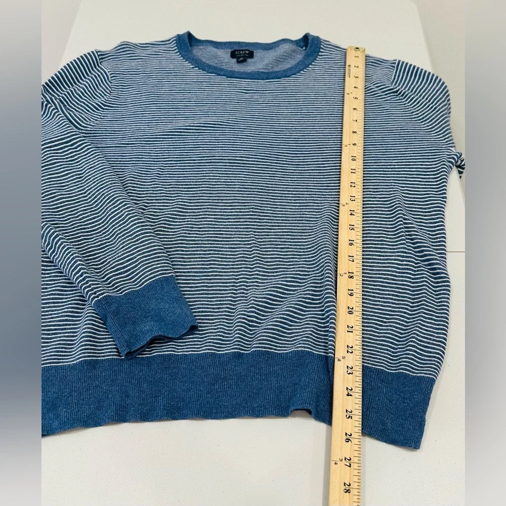 J. CREW BLUE-WHITE STRIPE PULLOVER SWEATER, RIB KNIT CREW NECK, CUFFS, HEM, SZ M